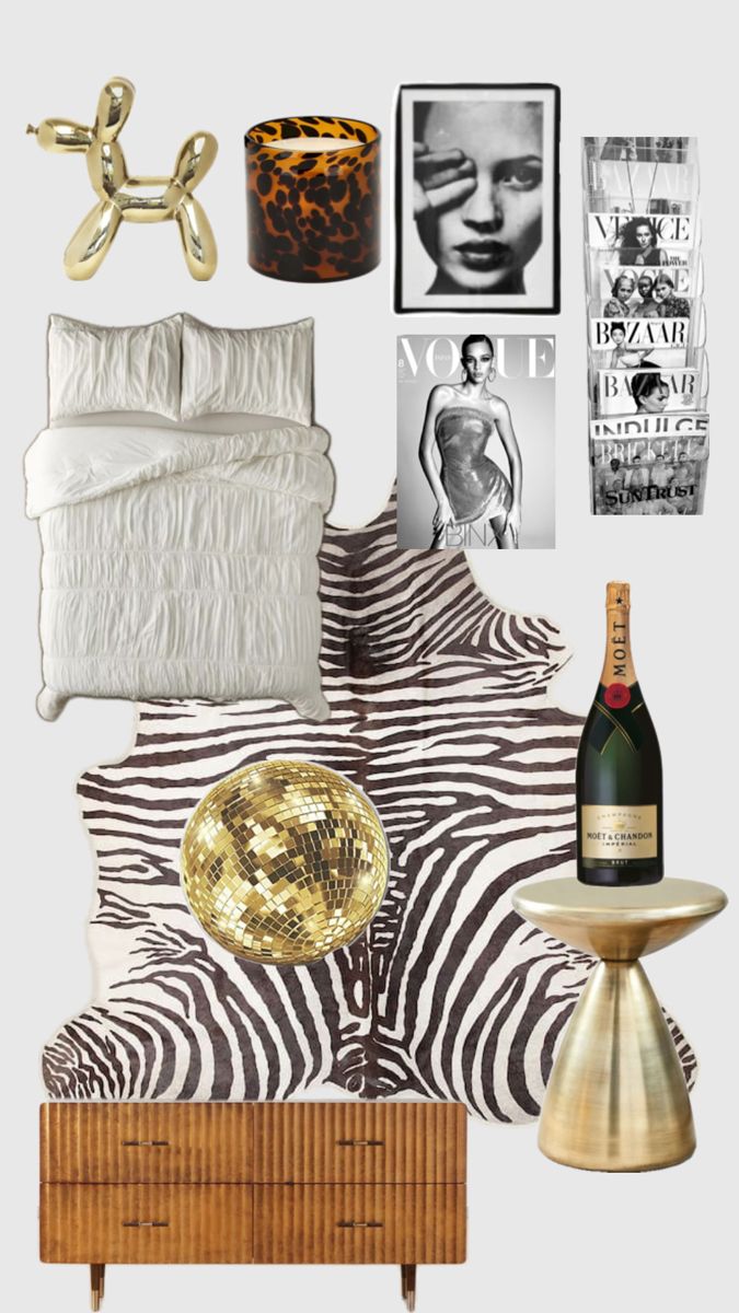 a bedroom with zebra print and gold accents