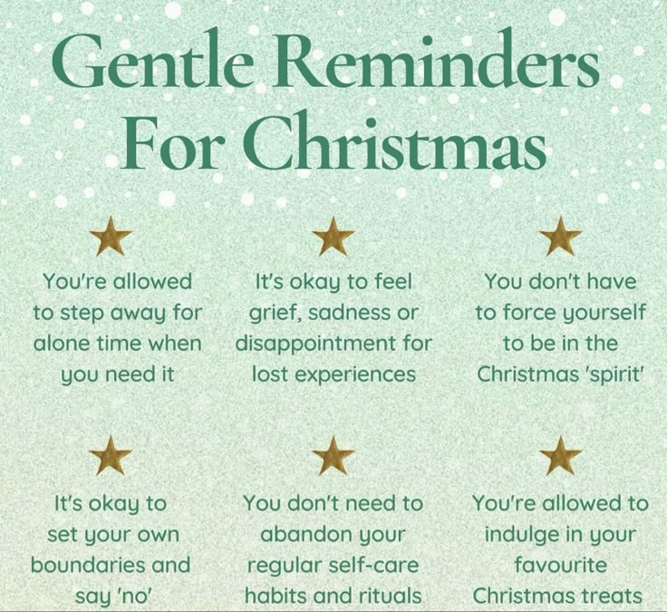 a poster with the words gentle reminders for christmas written in green and gold stars