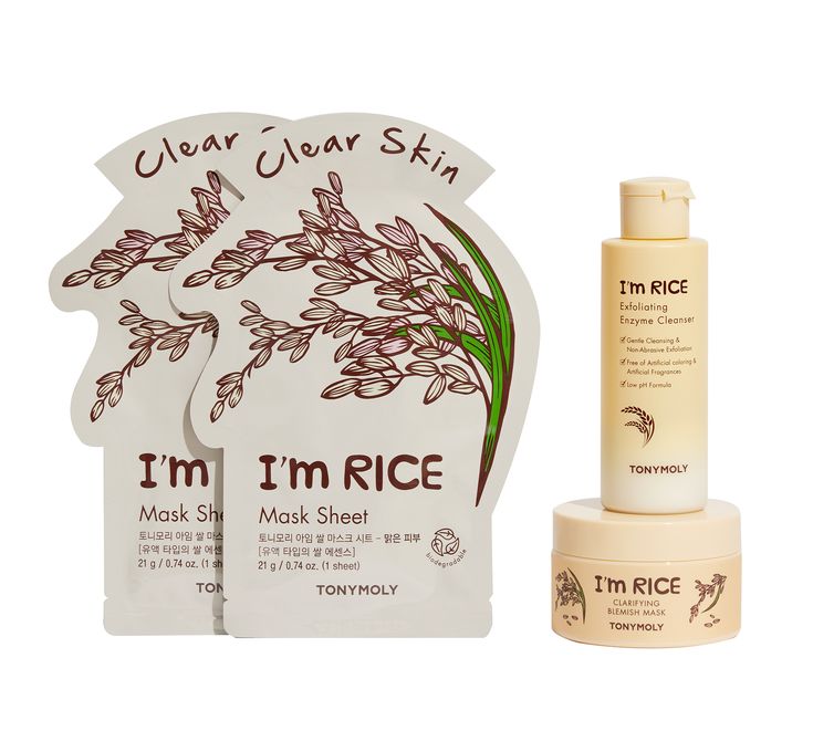 3 steps to clear, hydrated skin! Our clarifying rice collection will help nourish and hydrate your skin while effectively cleansing and exfoliating for a brighter complexion! Set includes: I'm Rice Exfoliating Enzyme Cleanser - Bring on bright glowy skin with our new water-activated powder exfoliant cleanser. Gently polish away dead skin for a brighter and more radiant complexion! I'm Rice Clarifying Blemish Mask - Detox skin and say bye bye to blemishes! Infused with powerful antibacterial and clinically tested ingredients, our Rice Mask helps to soothe acneic skin, regulate excess sebum production and reduce the appearance of pores. Perfect for acne prone & oily skin! I'm Rice Sheet Mask (Set of 2) - Infused with Rice Extracts and natural oils to provide elasticity and brightening effect Powder Exfoliant, Blemish Patches, Rice Mask, Skin Clearing, Gift Wishlist, Papaya Enzyme, Reduce Hyperpigmentation, Skin Detox, Hydrated Skin