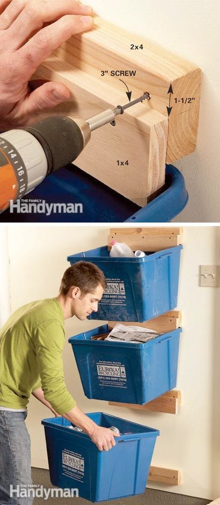 two pictures showing how to build a shelf with drawers and shelves on each side, one is