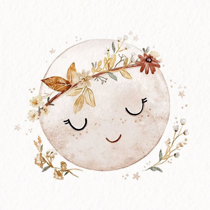 a watercolor painting of a smiling moon with flowers on it's head and eyes