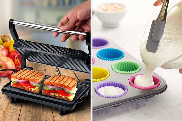 there are two pictures, one is an electric sandwich maker and the other has cupcakes