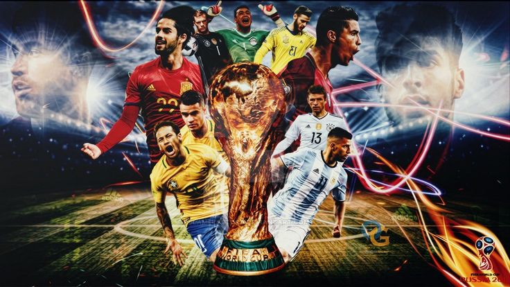 a group of men standing next to each other in front of a soccer ball with the world cup on it