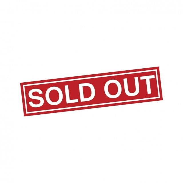 a red sold out sign on a white background