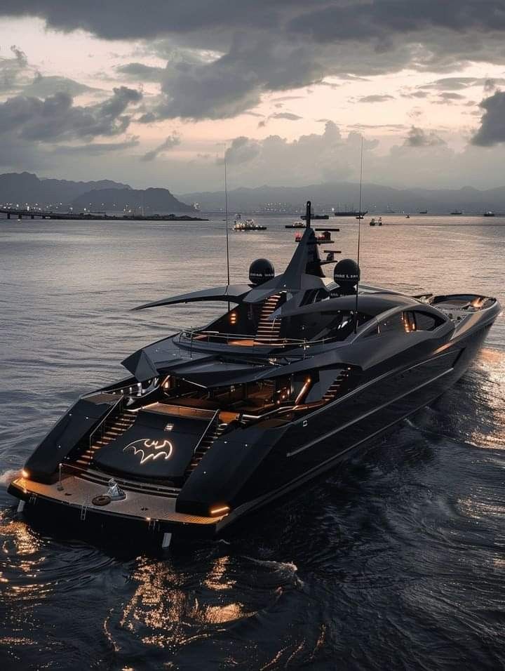 a large black boat in the middle of the ocean at sunset or dawn with lights on it's hulls