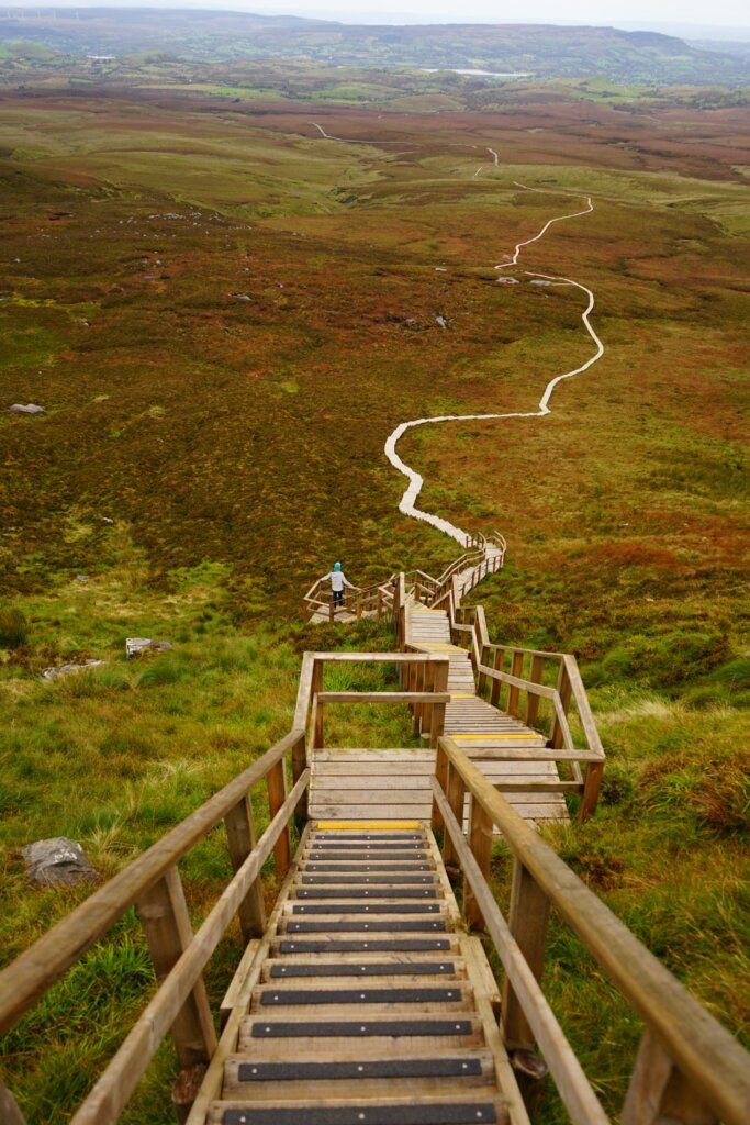 a wooden staircase leading to the top of a grassy hill with hills in the background