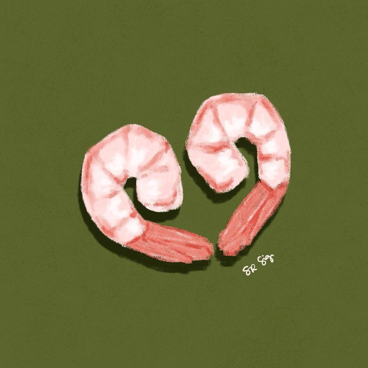 two pink shrimp on green background with white writing