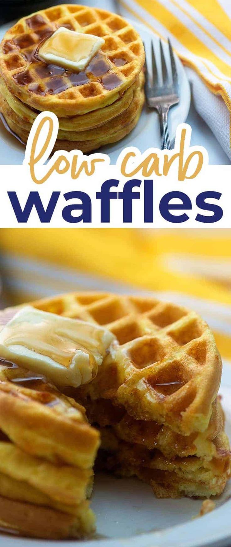 two waffles on a plate with butter and syrup