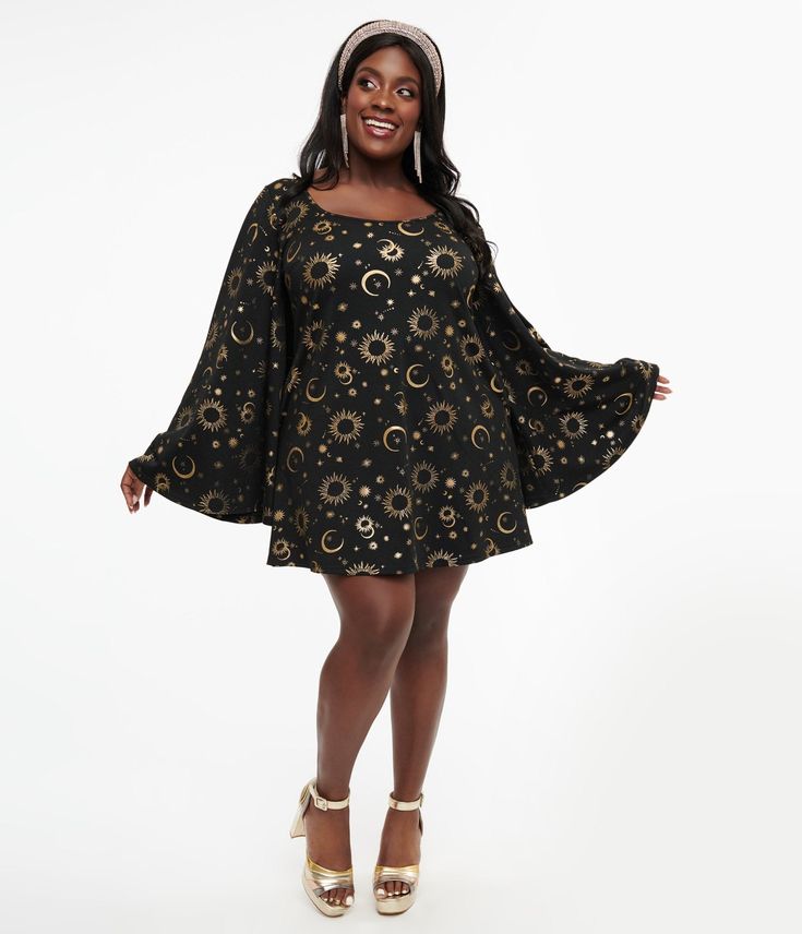 Smak Parlour 1960s Plus Size Black & Gold Celestial Print Mini Dress - Unique Vintage - Womens, DRESSES, FIT AND FLARE Vintage Fashion 1960s, 1960s Dresses, Celestial Print, 1960s Outfits, 1960s Style, Flare Sleeve Dress, Dress Unique, Angel Sleeve, Plus Size Black