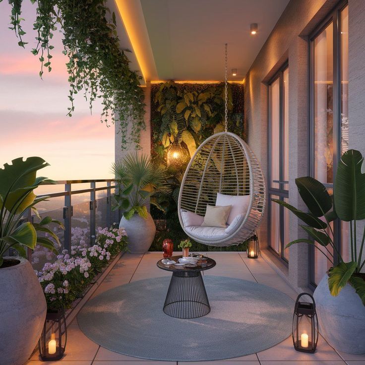 an outdoor patio with hanging chairs and potted plants on the balcony at night time