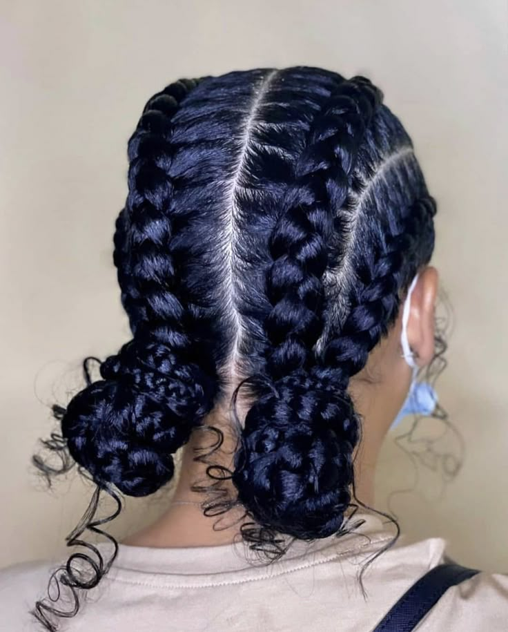 2 Feed In Braids With Curly Hair, Two French Braids With Buns At End, Braids To The Back With Two Buns, 3 Braid Hairstyles, 2 French Braids Into Buns, Four Braided Hairstyles, 2 Cornrow Braids With Curls, Feed In Twists Hairstyles, Braid Bun Styles For Black Hair