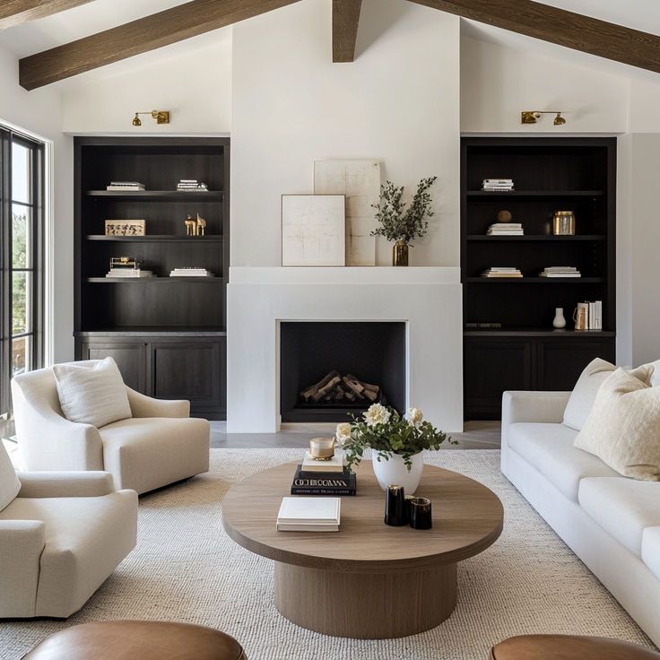 a living room filled with furniture and a fire place in front of a fireplace surrounded by bookshelves