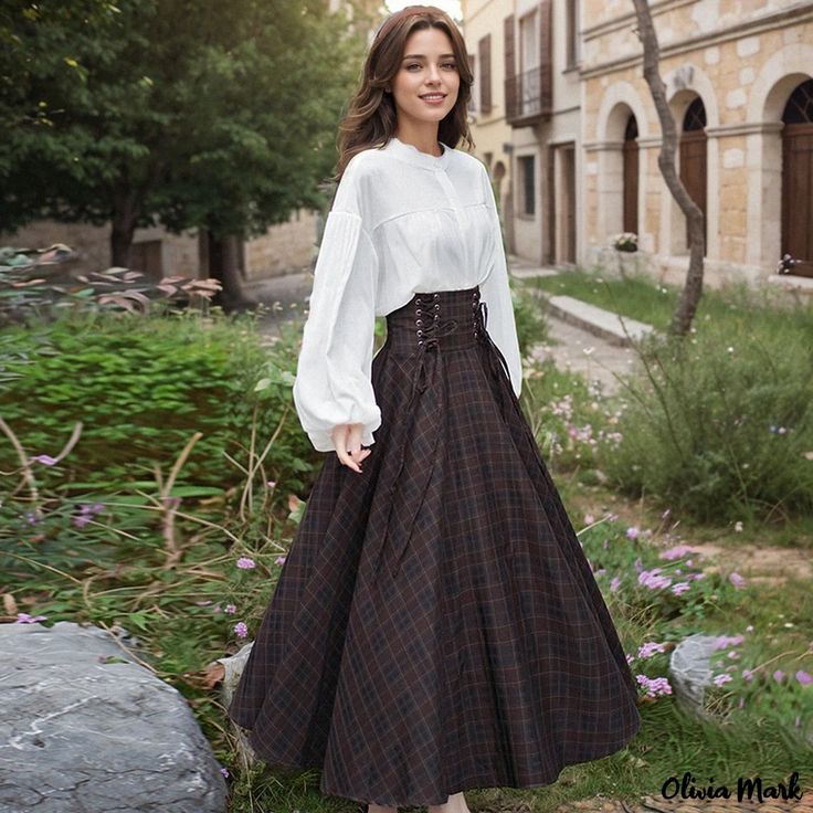 Olivia Mark - Vintage Lantern Sleeve Blouse with Palace Vintage Corset Belt Plaid Midi Skirt Education Aesthetic, Medieval Outfits, Wattpad Outfits, Victorian Skirt, Corset And Skirt, Plaid Midi Skirt, Fashion Journal, Corset Skirt, Lantern Sleeved Blouses