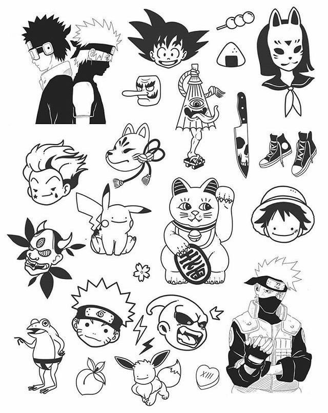 various cartoon characters drawn in black and white