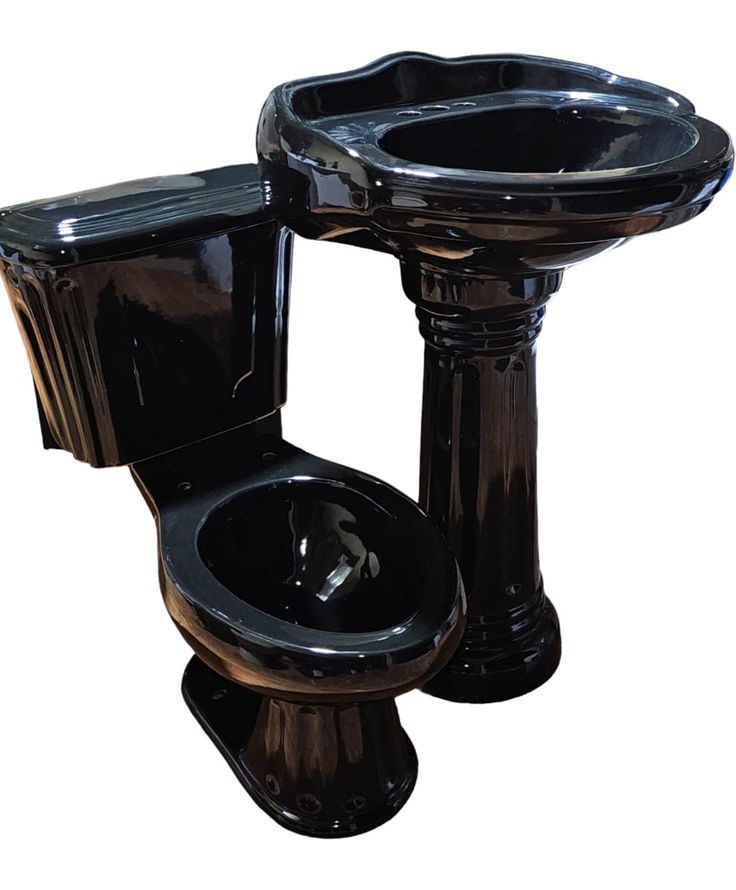 a black toilet and sink are shown against a white background