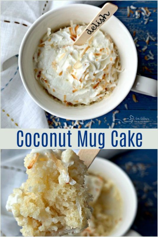 coconut mug cake in a white bowl with a spoon