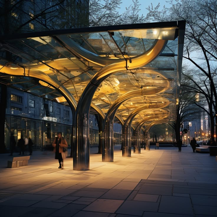 people are walking through an illuminated walkway in the city at night with trees and buildings behind them