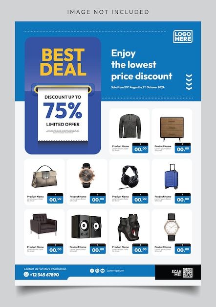 a flyer for the best deal with items on sale in blue and white colors, including luggage