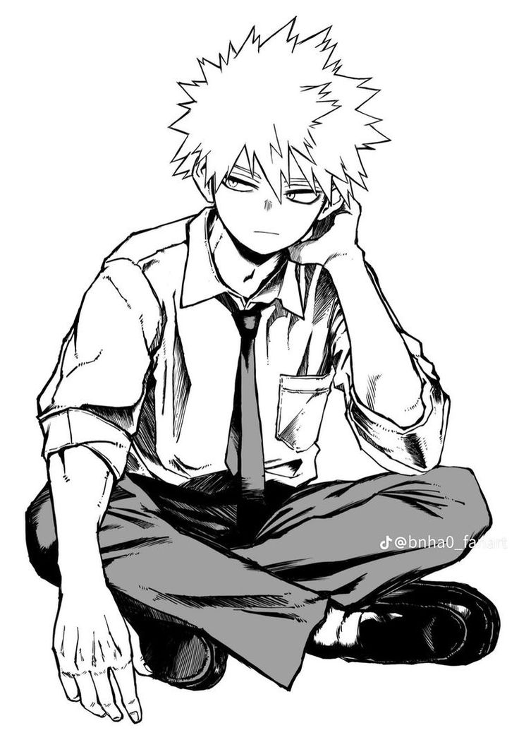 a black and white drawing of an anime character with his hands in his pockets, looking down