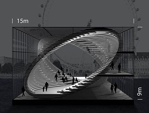 an architectural rendering of a spiral staircase in front of a ferris wheel with people walking around it