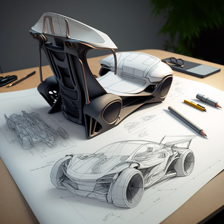 a drawing of a car on top of a table with pens and pencils next to it