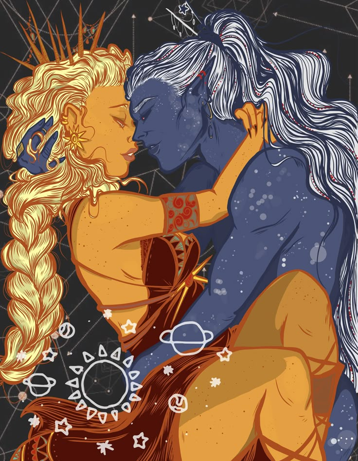 an image of two women embracing each other in the stars and moon filled night sky