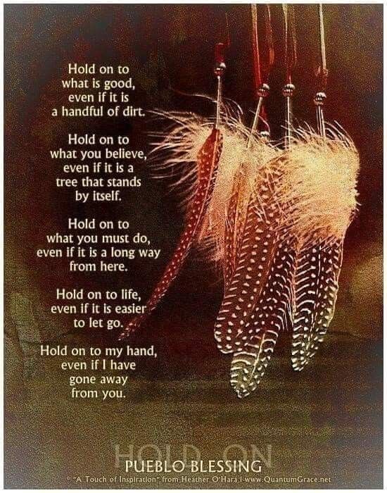 three feathers hanging from strings with the words hold on to when if it's a handful of dirt