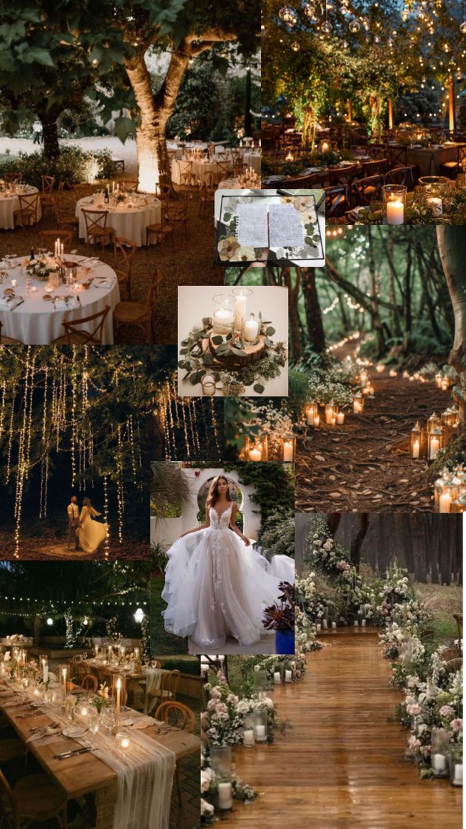 a collage of wedding photos with candles, flowers and tables in the woods at night