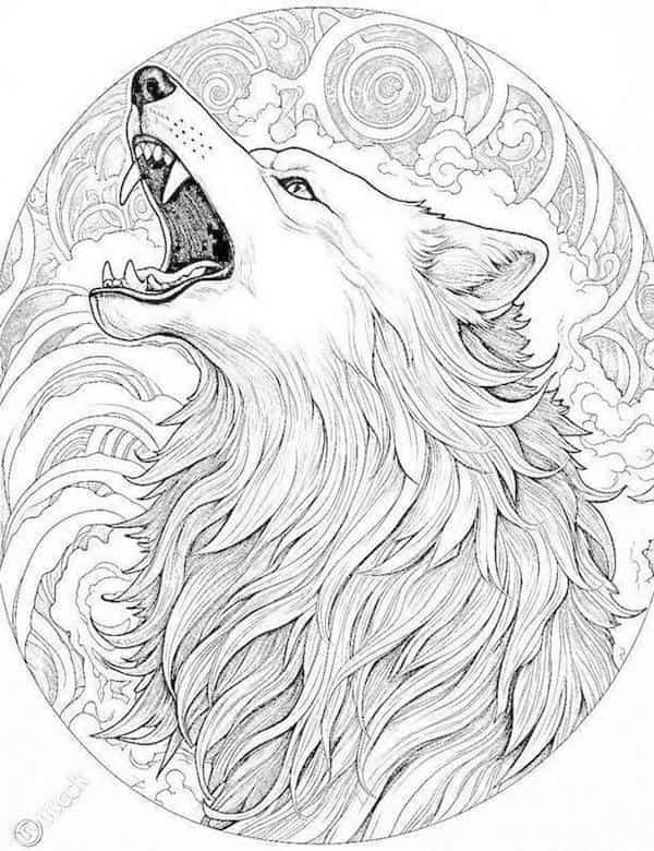 a drawing of a wolf with its mouth open