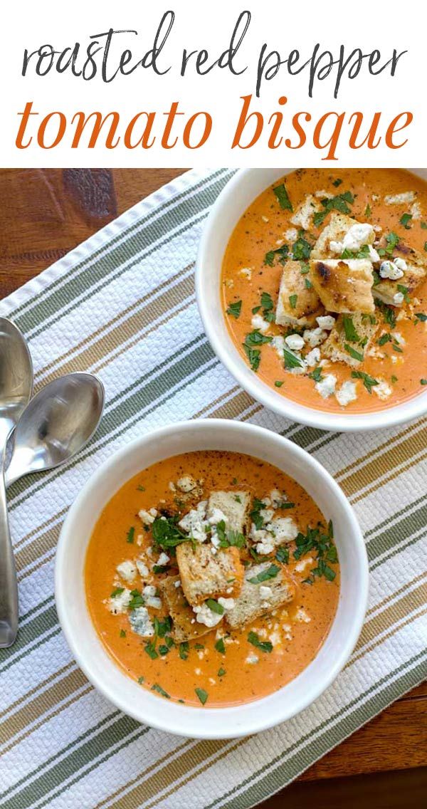 two bowls of roasted red pepper tomato bisque