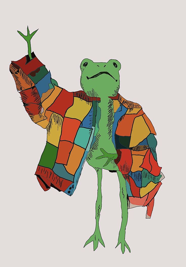 a green frog wearing a colorful jacket and holding his arms in the air with both hands