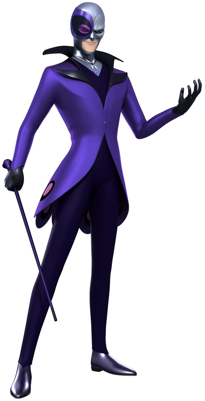 an animated man in a purple suit and black hat holding a cane with both hands