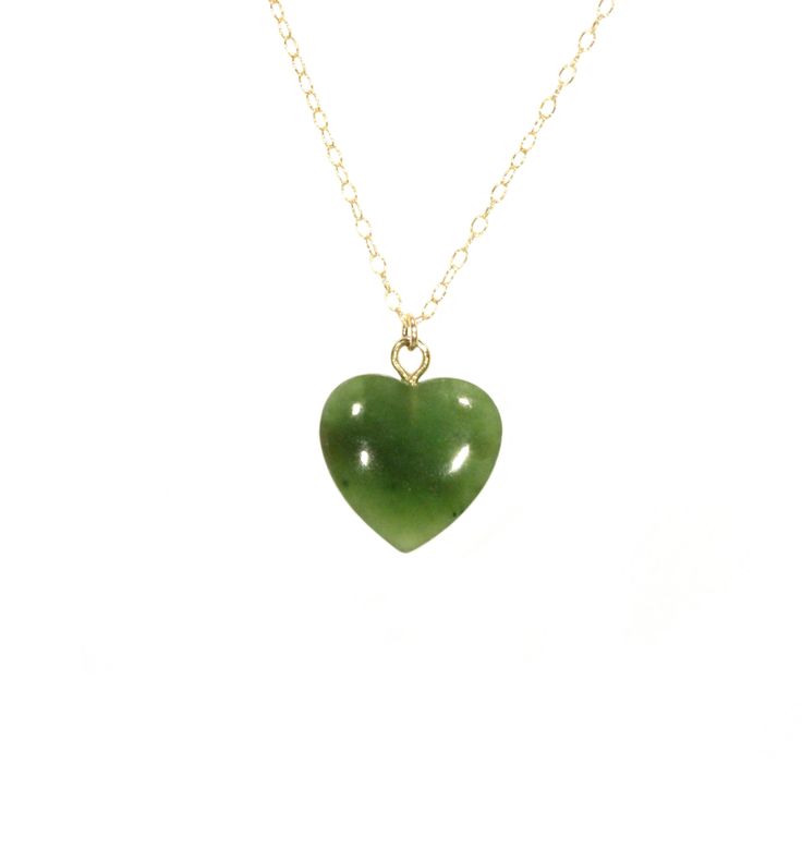 "Jade heart necklace, green heart pendant, Canadian jade pendant, gift for her, natural green stone necklace, 14k gold filled chain A one of a kind Canadian jade heart hanging from a 14k gold filled chain in the length of your choice! Please choose your favorite heart as shown in the fourth photo. The jade pendant measures 15mm. Need a few reasons to love green jade other than for its beauty? ♥ Stability ♥ Longevity ♥ Fertility ♥ Serenity ♥ Wisdom ♥ Practicality ♥ Tranquility ♥ Balance ♥ Peace ♥ Green 14k Gold Filled Necklace For Gift, 14k Gold Filled Green Necklace Gift, Gift 14k Gold Filled Green Necklace, Handmade Green Heart Shaped Necklace, Handmade Green Heart Necklace, Valentine's Day Green Necklace With Heart Charm, Green Heart Pendant Necklace For Gift, Dainty Green Heart Pendant Necklace, Green Dainty Jewelry For Valentine's Day