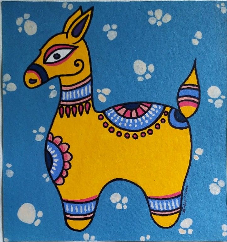 a yellow llama painted on a blue background