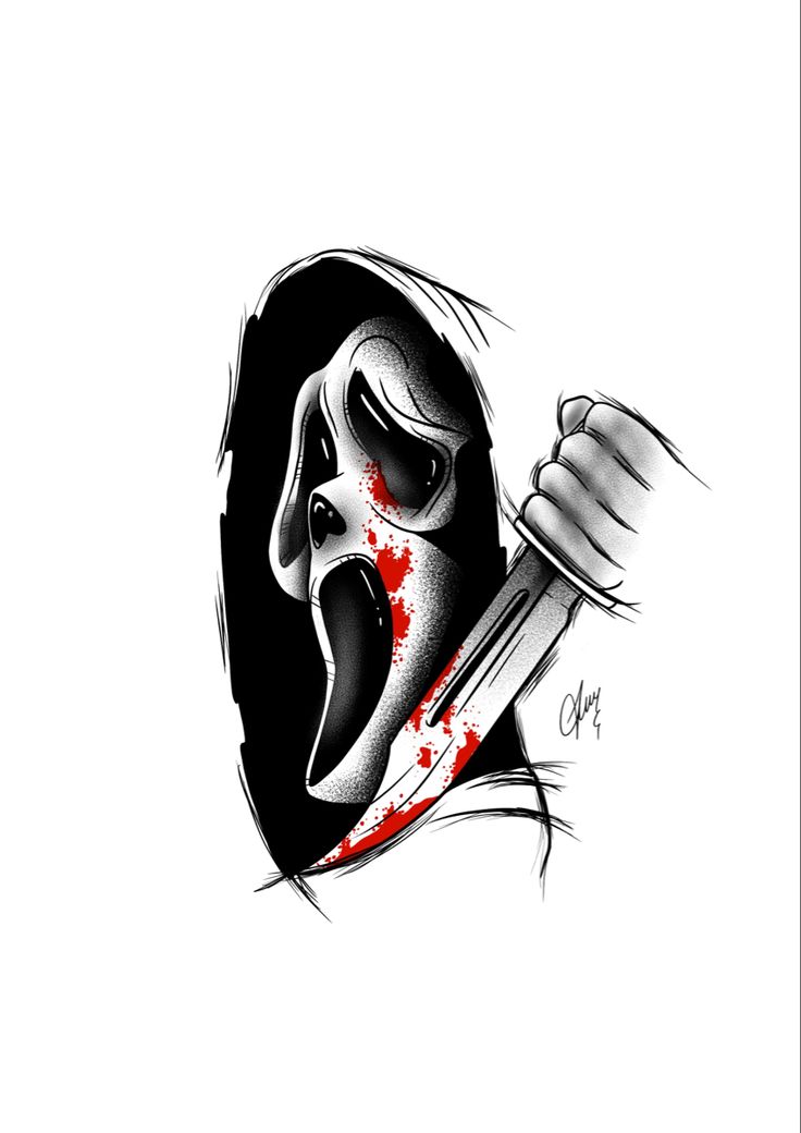 a drawing of a person holding a knife with blood dripping out of the face and mouth