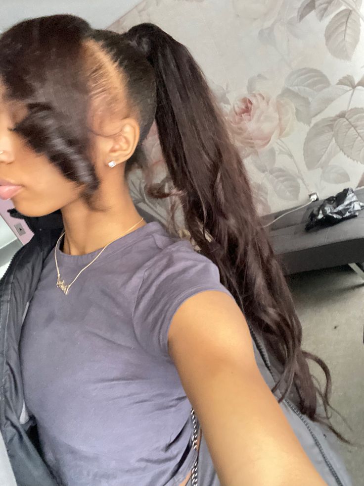 Mid ponytail with bang 
Bang with messy bun High Braided Ponytail With Bangs, High Ponytail With Side Part, Side Part With Ponytail, Mid Ponytail With Bang, 2 High Ponytails With Weave, 2 Ponytails With Bangs, Sleek Ponytail Weave With Bang, Slick Ponytail Weave With Bang, Bang With Ponytail Black Women