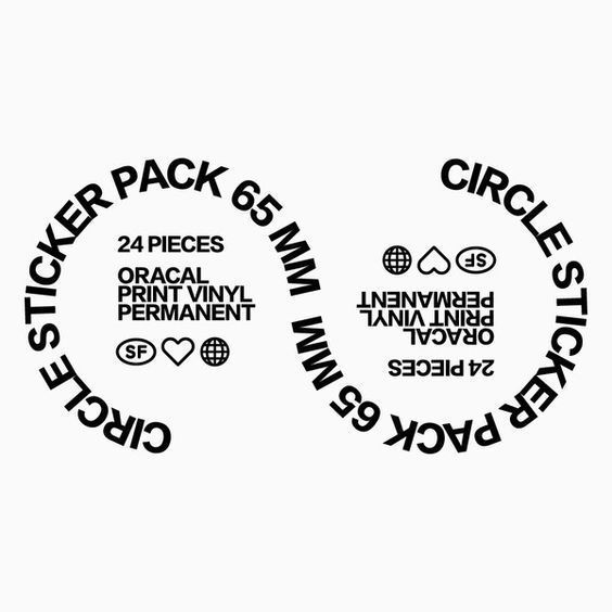 two circles that have different types of stickers on them, all in black and white