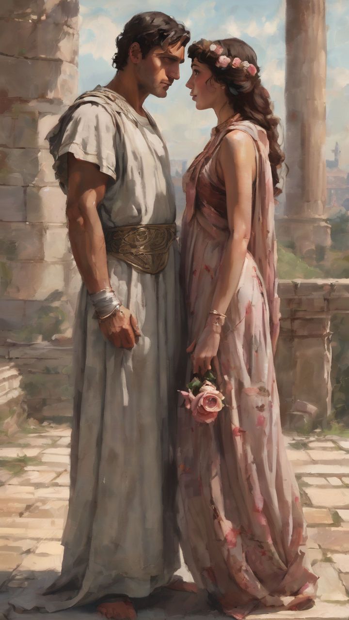 a painting of a man and woman standing next to each other in front of ruins