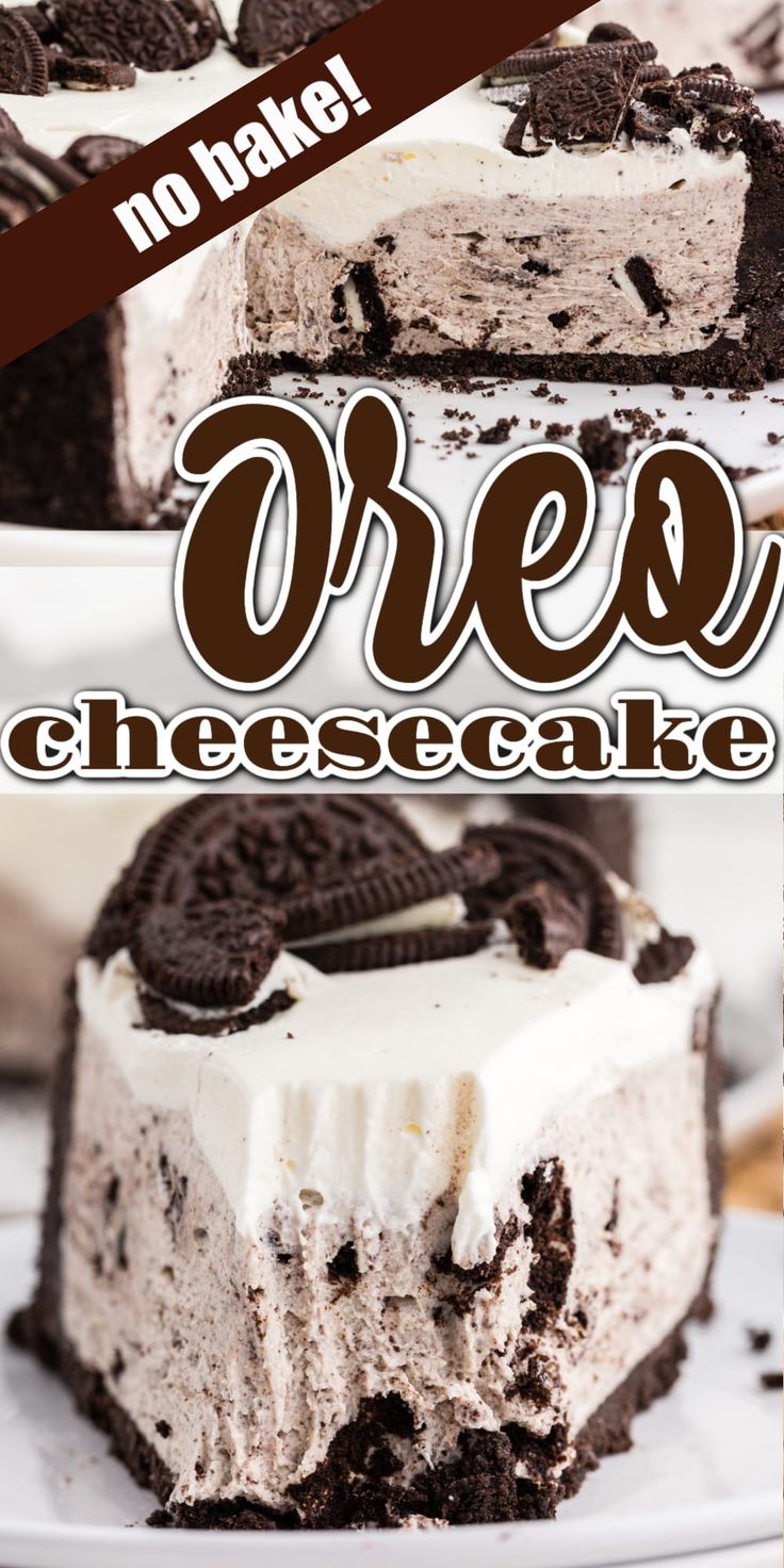 no bake oreo cheesecake cake on a plate with the title overlay