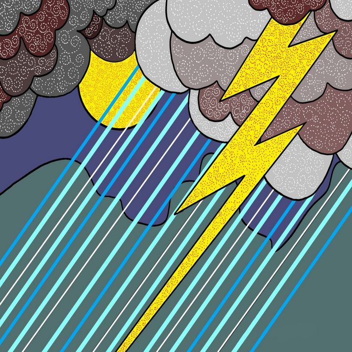 a drawing of a storm with lightning coming out of it and rain falling down on the ground