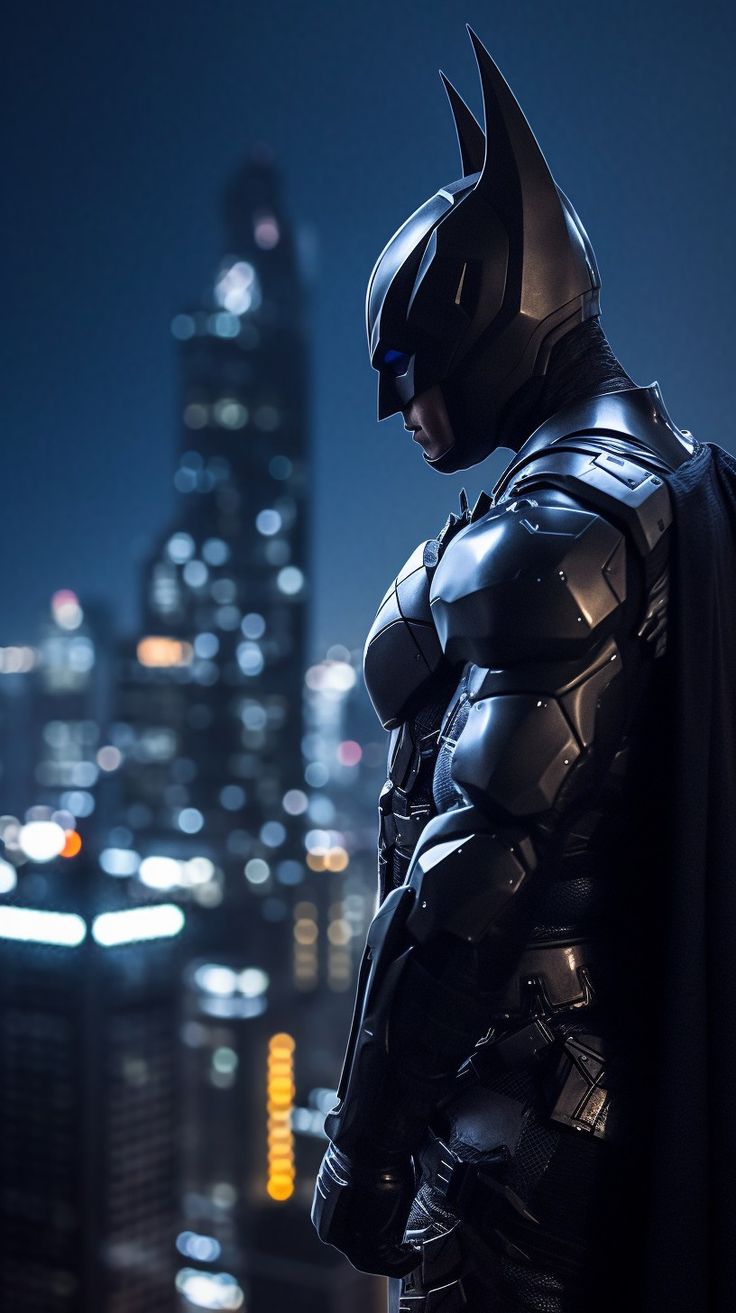 a man dressed as batman standing in front of a city at night