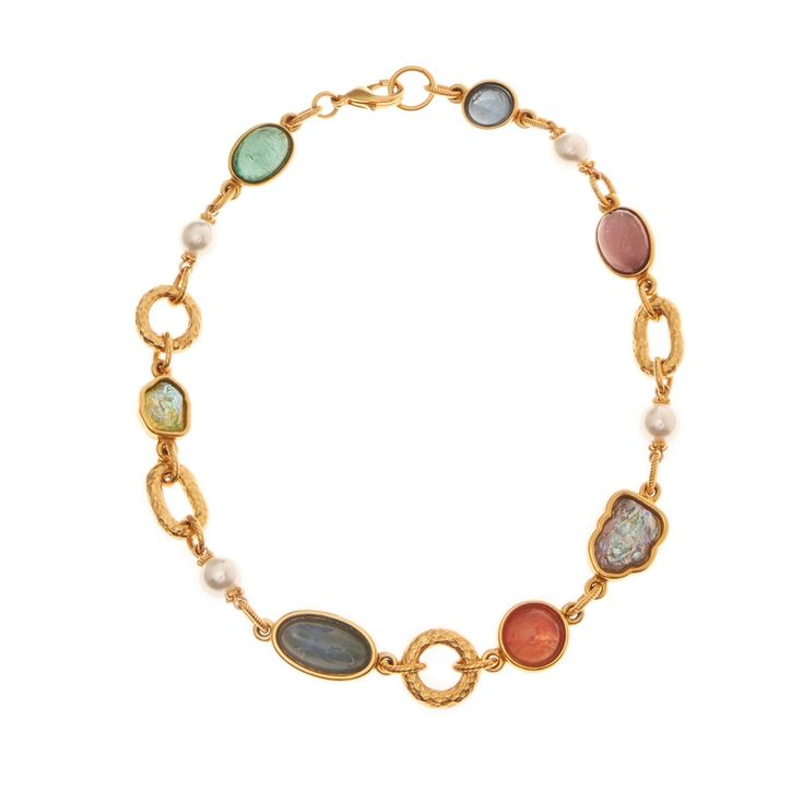 Shop our Rhonda Necklace, a colorful stone necklace combining vintage glass stones with 24K gold electroplated metal and gold leaf, creating a truly distinctive piece that is guaranteed to make a statement. All Jewelry is handcrafted in NYC. French Vintage Jewelry, Statement Pieces Jewelry, Chunky Gold Necklace Stack, Boho Gold Jewelry, Vintage Necklace Aesthetic, Siren Jewelry, Statement Necklace Outfit, Gem Stone Necklace, Statement Piece Jewelry