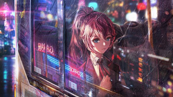 an anime character is looking out the window at the cityscape with neon lights