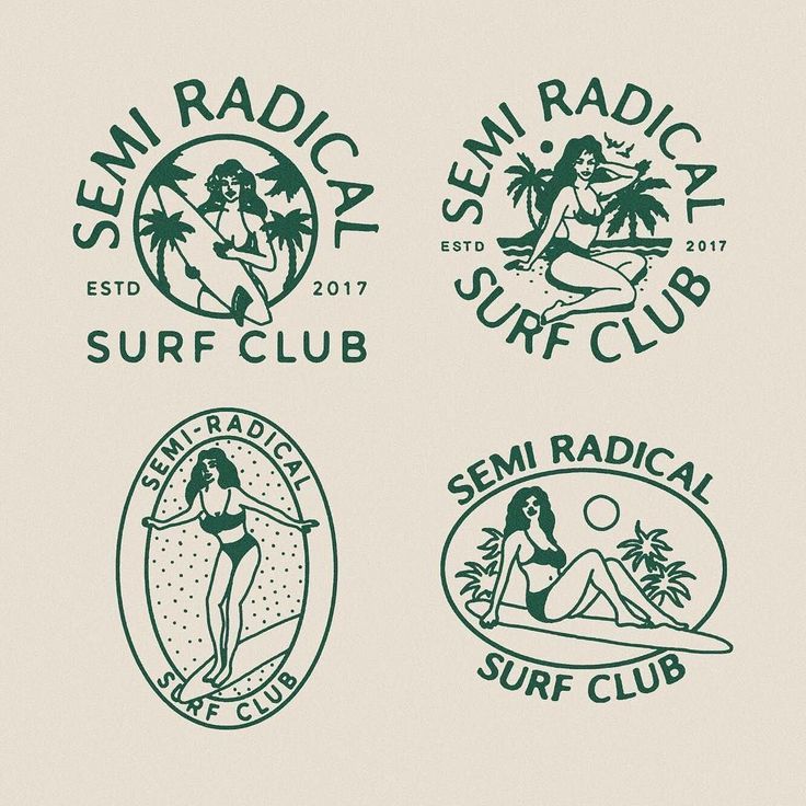 four different logos for surf club with women in bikinis on the beach and palm trees