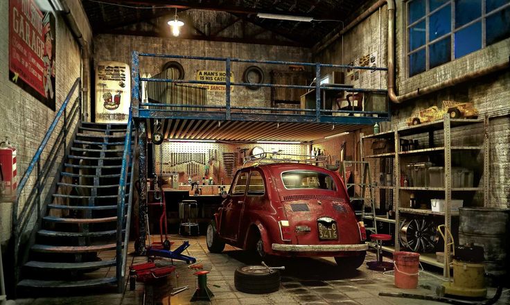 an old red car parked in a garage with stairs leading up to the second floor