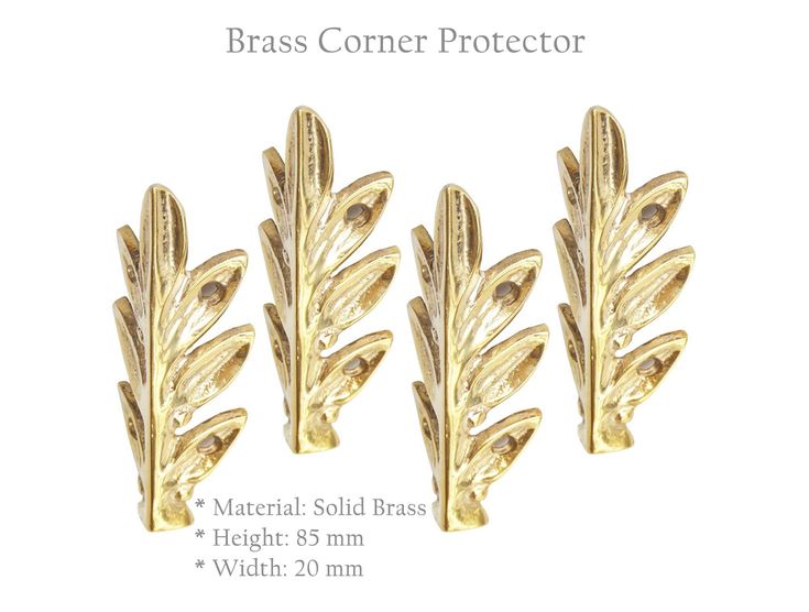 three brass tone leaves are shown in this image, with the measurements for each one