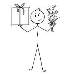 a stick figure holding a present and flowers