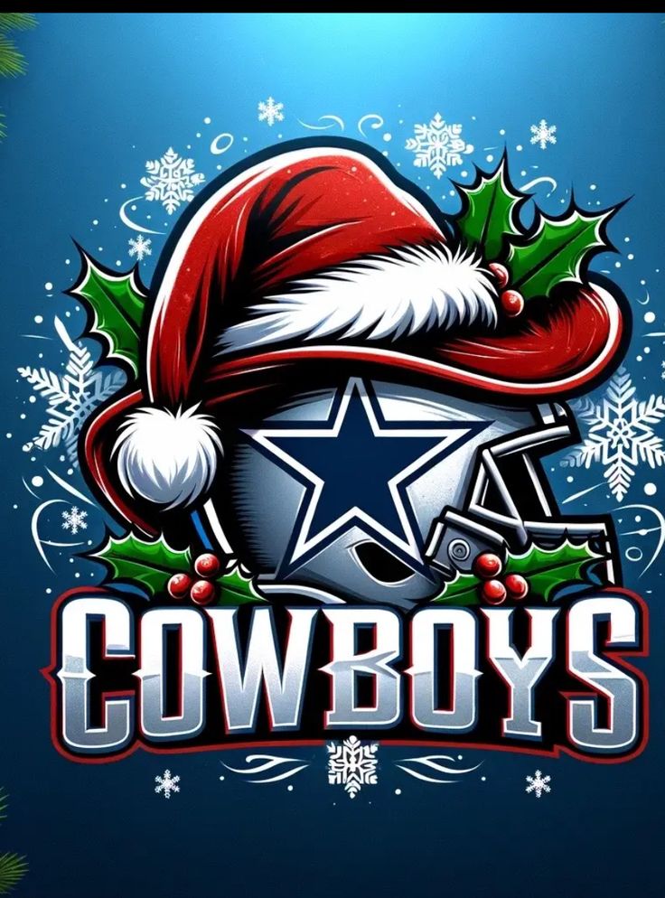 the cowboy's christmas logo is shown on a blue background with snowflakes and holly