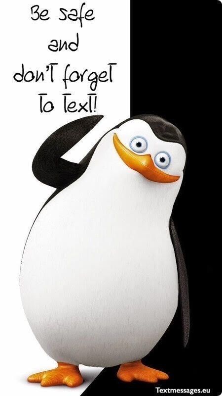 a cartoon penguin is standing in front of a black and white background with the words be safe and don't forget to text