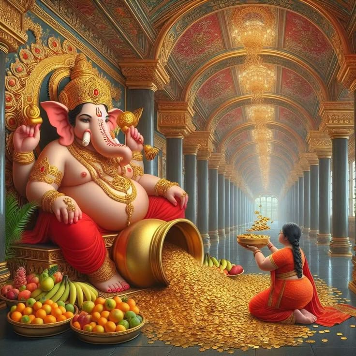 a painting of an elephant sitting on top of a pile of gold coins next to a woman